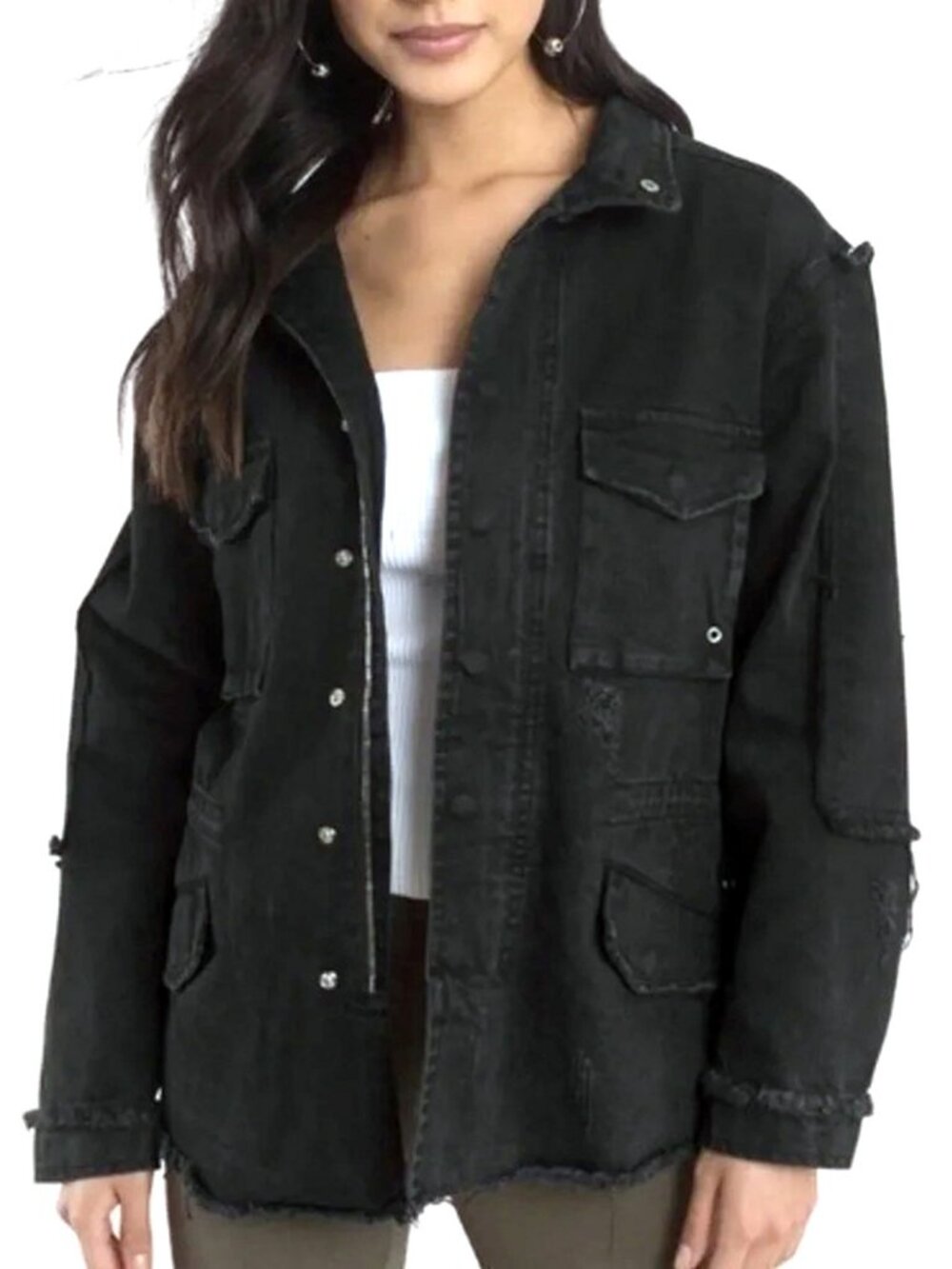 NWOT Women's Beulah black cotton distressed utility Denim Jacket, Size S